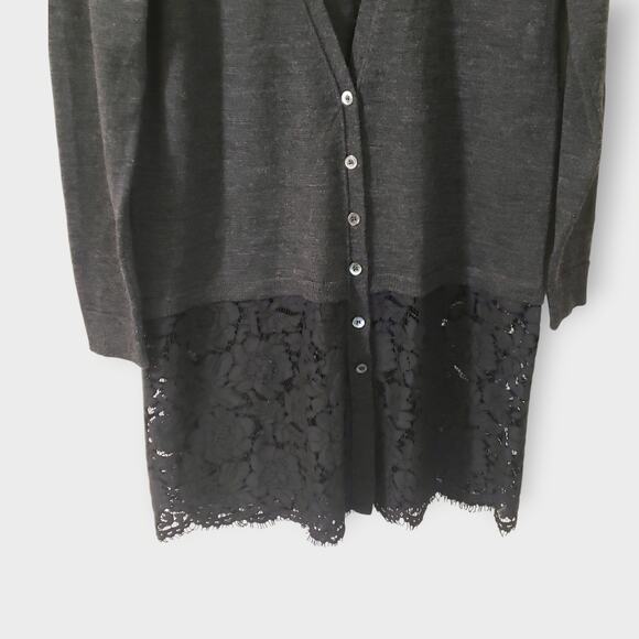 Wrap London Merino Wool Lace Trim Longlined Cardigan Grey Sz 10 Gothic Romantic - Picture 3 of 13